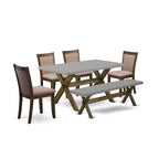 HomeStock 6-Piece Rectangle Distressed Jacobean Finish Solid Wood Top Dining Table with 1-Bench, 4-Chairs