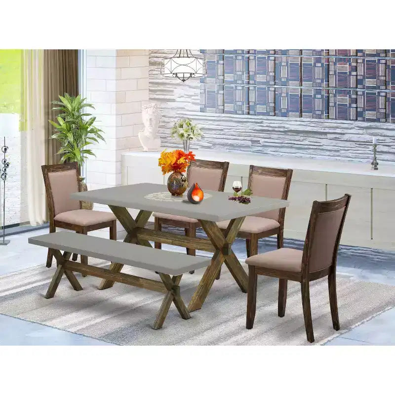 6-Piece Rectangle Distressed Jacobean Finish Solid Wood Top Dining Table with 1-Bench, 4-Chairs