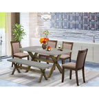 6-Piece Rectangle Distressed Jacobean Finish Solid Wood Top Dining Table with 1-Bench, 4-Chairs