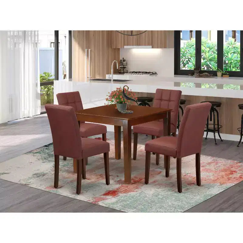 5-Piece Mahogany Finish Solid Wood Top - Square Dining Room Set - Seats 4