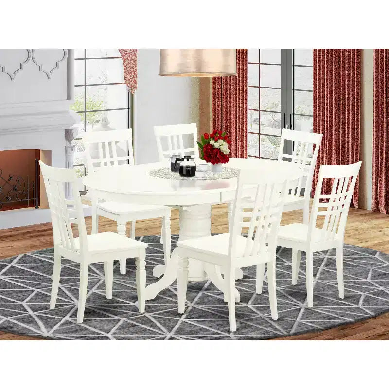7-Piece Linen White Finish Solid Wood Top Dining Table with 6 Chairs