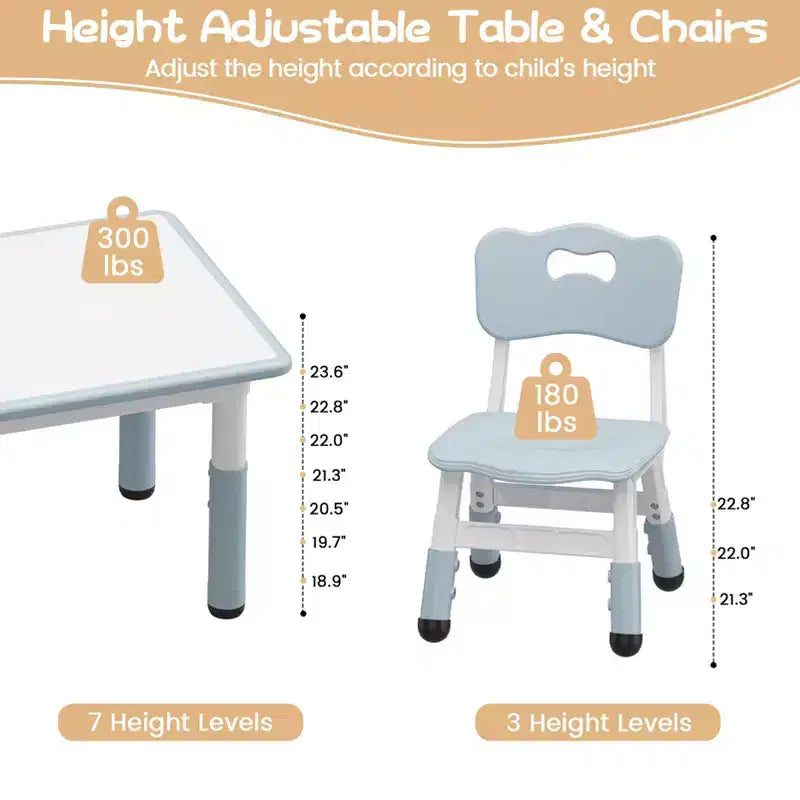 Kids Table and 4 Chairs Set, Kids Study Table and Chair Set with Graffiti Desktop & Non-Slip Legs, Height Adjustable Toddler Activity Table