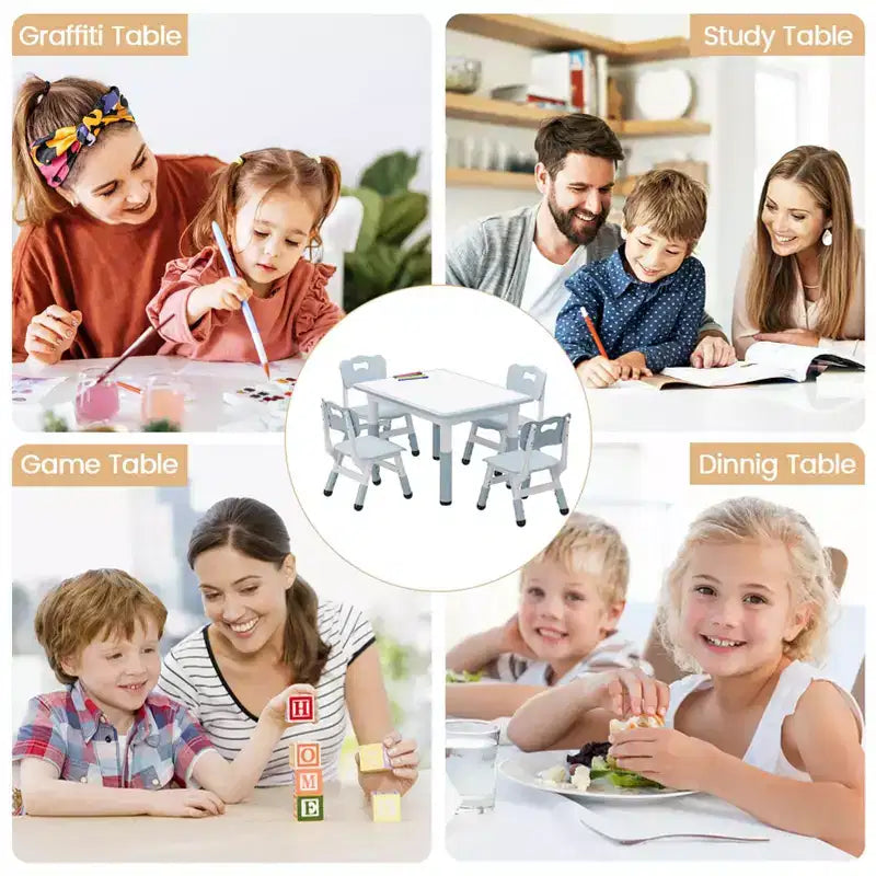Kids Table and 4 Chairs Set, Kids Study Table and Chair Set with Graffiti Desktop & Non-Slip Legs, Height Adjustable Toddler Activity Table