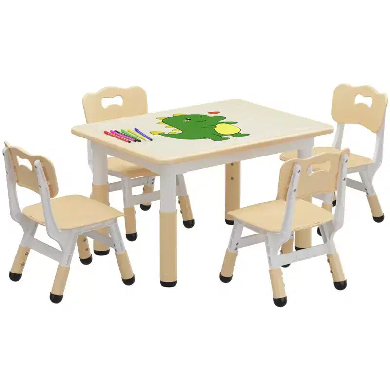 Kids Table and 4 Chairs Set, Kids Study Table and Chair Set with Graffiti Desktop & Non-Slip Legs, Height Adjustable Toddler Activity Table