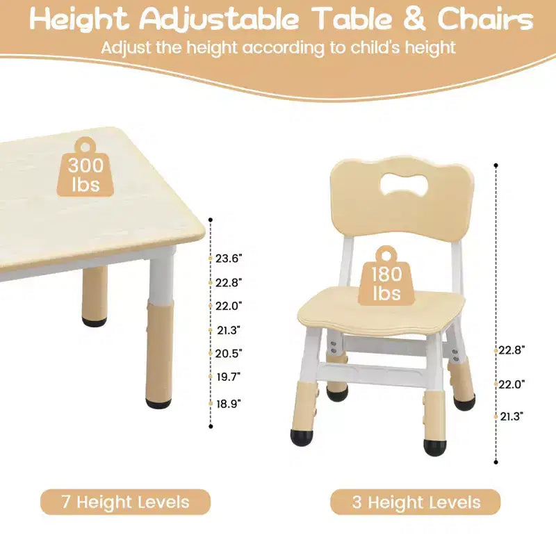 Kids Table and 4 Chairs Set, Kids Study Table and Chair Set with Graffiti Desktop & Non-Slip Legs, Height Adjustable Toddler Activity Table