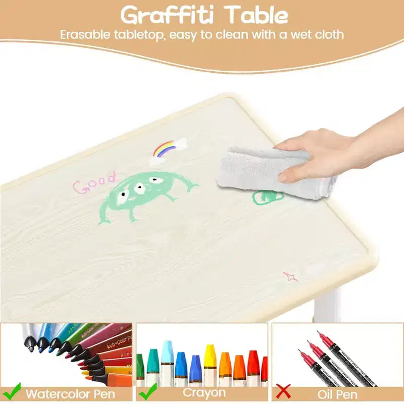 Kids Table and 4 Chairs Set, Kids Study Table and Chair Set with Graffiti Desktop & Non-Slip Legs, Height Adjustable Toddler Activity Table