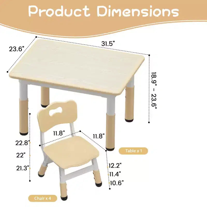 Kids Table and 4 Chairs Set, Kids Study Table and Chair Set with Graffiti Desktop & Non-Slip Legs, Height Adjustable Toddler Activity Table
