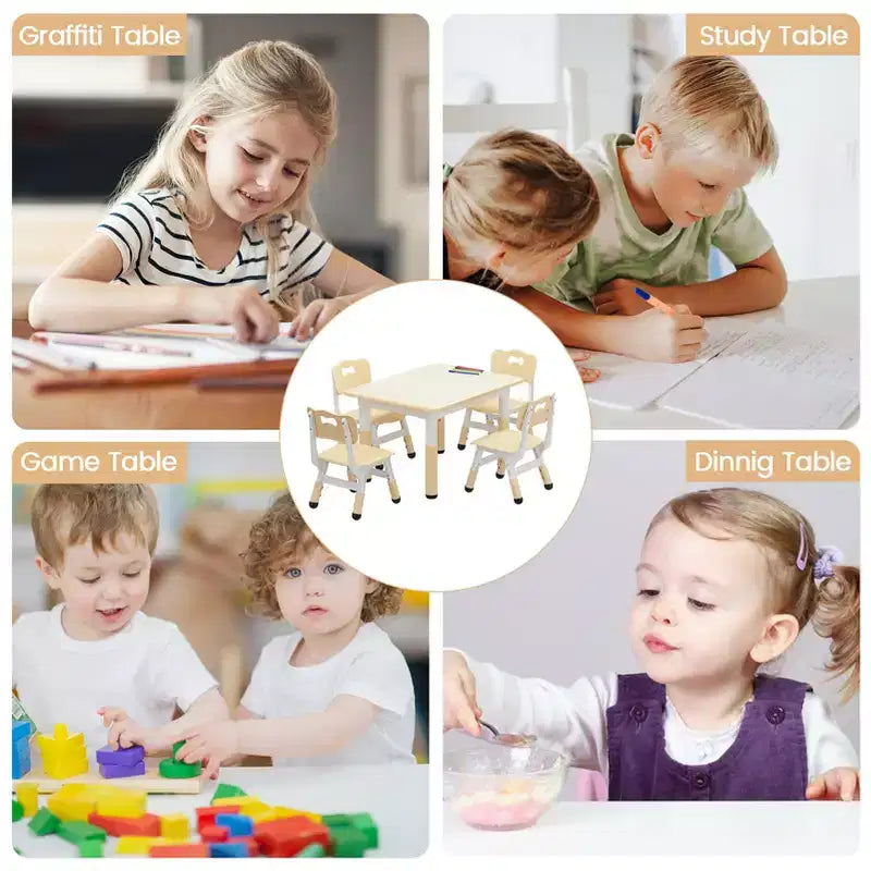 Kids Table and 4 Chairs Set, Kids Study Table and Chair Set with Graffiti Desktop & Non-Slip Legs, Height Adjustable Toddler Activity Table