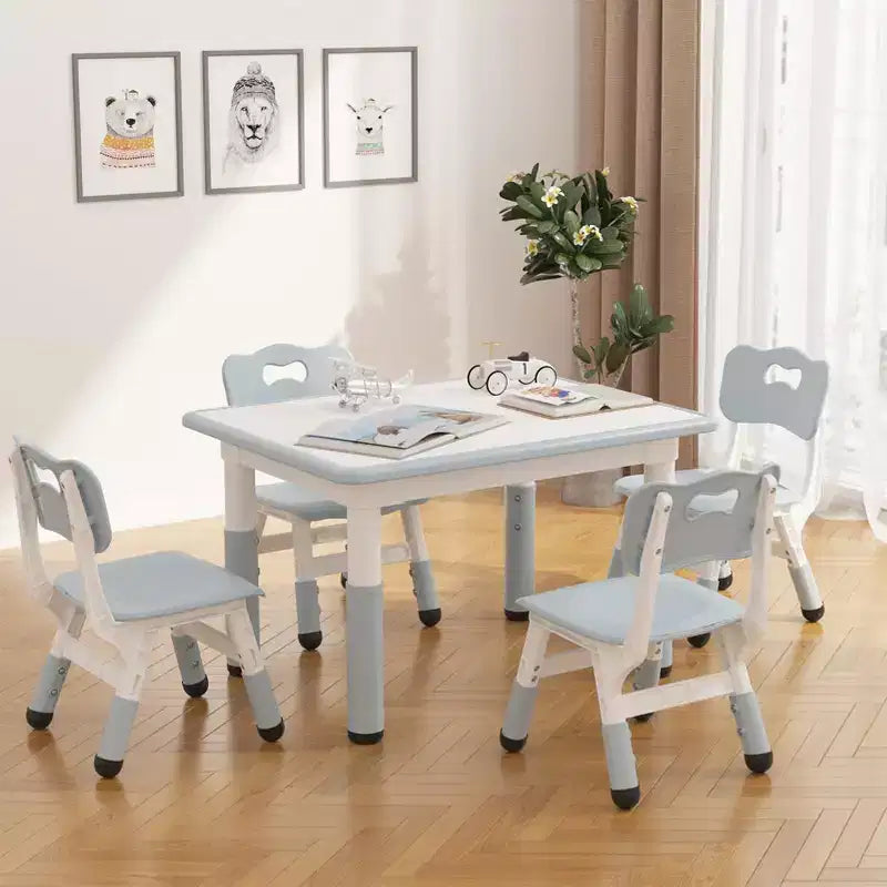 Kids Table and 4 Chairs Set, Kids Study Table and Chair Set with Graffiti Desktop & Non-Slip Legs, Height Adjustable Toddler Activity Table