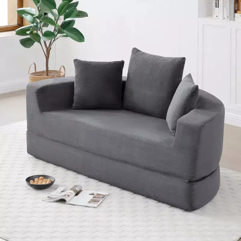 Corduroy Lounge Convertible Floor Sofa Bed with Pillows,Round Futon Couch Sleeper Sofa for Living Room,Bedroom