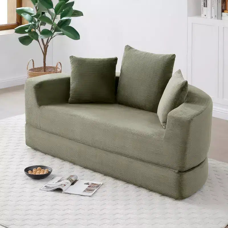 Corduroy Lounge Convertible Floor Sofa Bed with Pillows,Round Futon Couch Sleeper Sofa for Living Room,Bedroom
