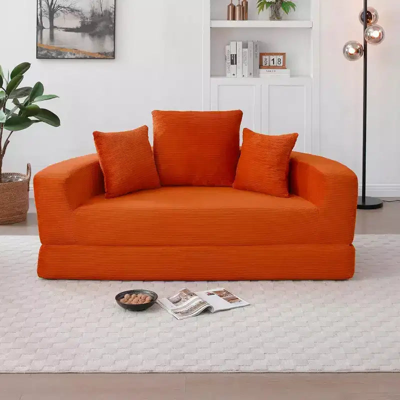 Corduroy Lounge Convertible Floor Sofa Bed with Pillows,Round Futon Couch Sleeper Sofa for Living Room,Bedroom