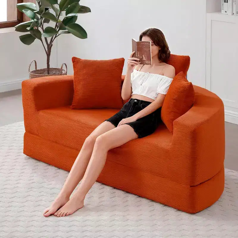 Corduroy Lounge Convertible Floor Sofa Bed with Pillows,Round Futon Couch Sleeper Sofa for Living Room,Bedroom