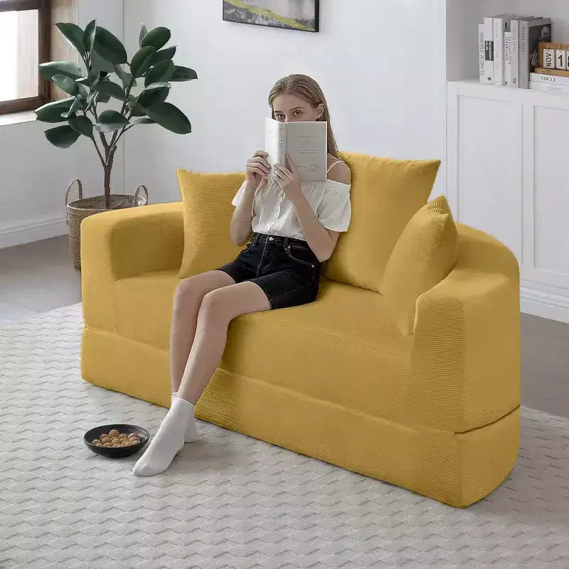 Corduroy Lounge Convertible Floor Sofa Bed with Pillows,Round Futon Couch Sleeper Sofa for Living Room,Bedroom