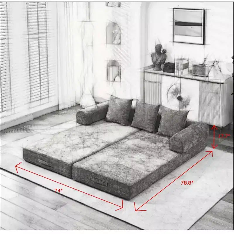 Chenille Lounge Floor Sofa Bed with Convertible Foldable Mattress,2-Seater Futon Couch Sleeper Sofa for Living Room,Bedroom