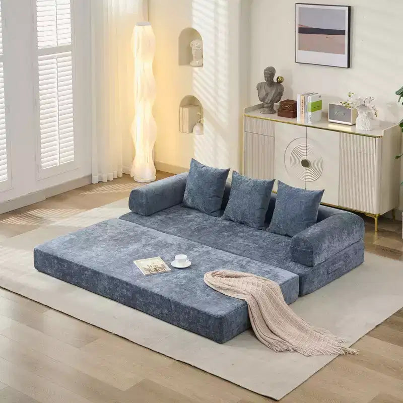 Chenille Lounge Floor Sofa Bed with Convertible Foldable Mattress,2-Seater Futon Couch Sleeper Sofa for Living Room,Bedroom