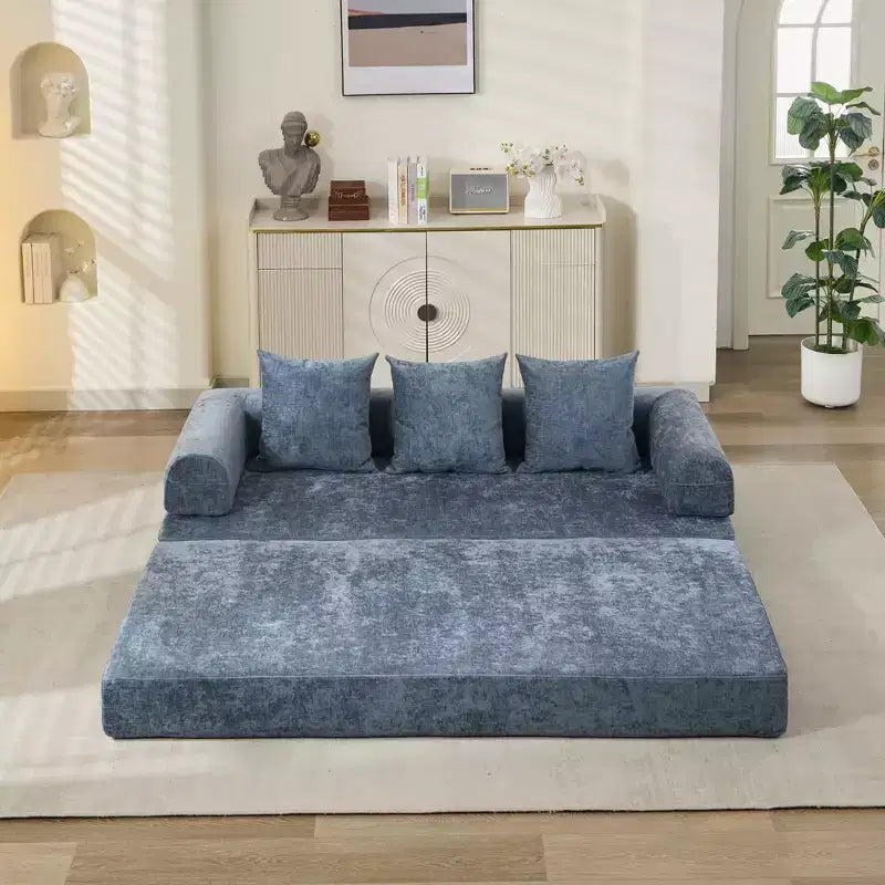 Chenille Lounge Floor Sofa Bed with Convertible Foldable Mattress,2-Seater Futon Couch Sleeper Sofa for Living Room,Bedroom