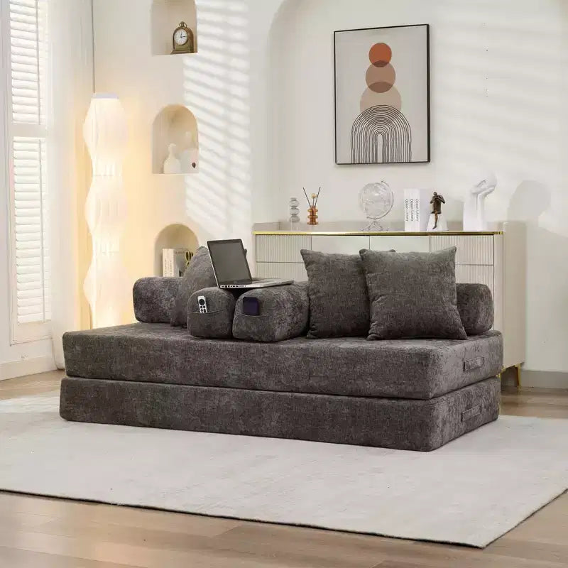 Chenille Lounge Floor Sofa Bed with Convertible Foldable Mattress,2-Seater Futon Couch Sleeper Sofa for Living Room,Bedroom