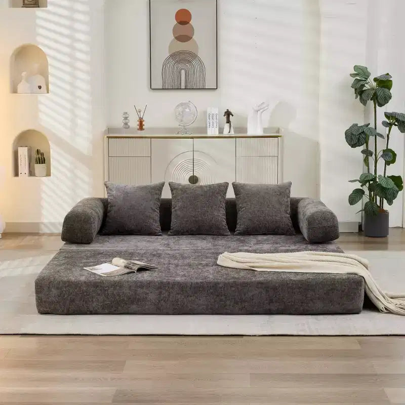 Chenille Lounge Floor Sofa Bed with Convertible Foldable Mattress,2-Seater Futon Couch Sleeper Sofa for Living Room,Bedroom