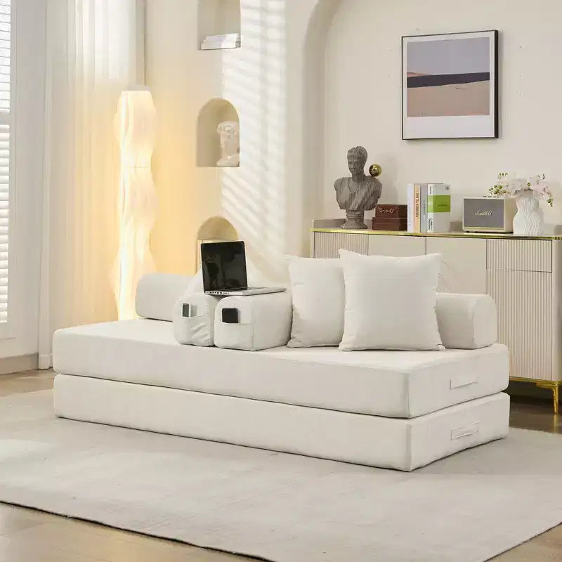 Chenille Lounge Floor Sofa Bed with Convertible Foldable Mattress,2-Seater Futon Couch Sleeper Sofa for Living Room,Bedroom