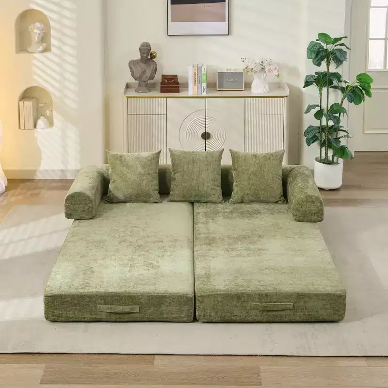 Chenille Lounge Floor Sofa Bed with Convertible Foldable Mattress,2-Seater Futon Couch Sleeper Sofa for Living Room,Bedroom