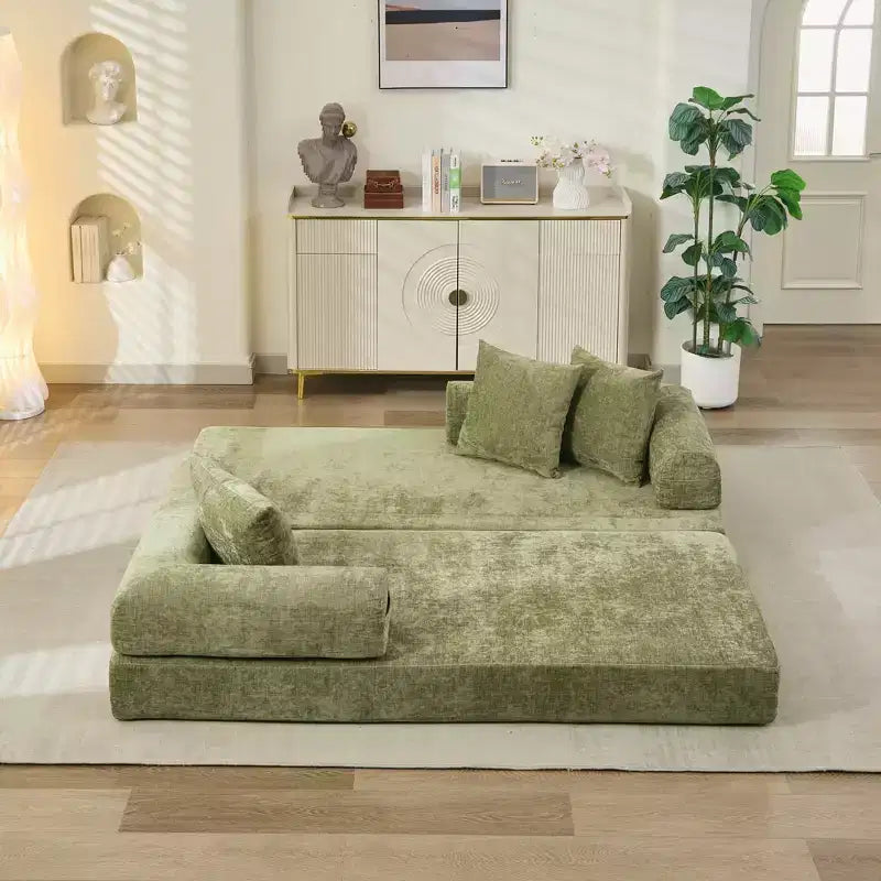 Chenille Lounge Floor Sofa Bed with Convertible Foldable Mattress,2-Seater Futon Couch Sleeper Sofa for Living Room,Bedroom