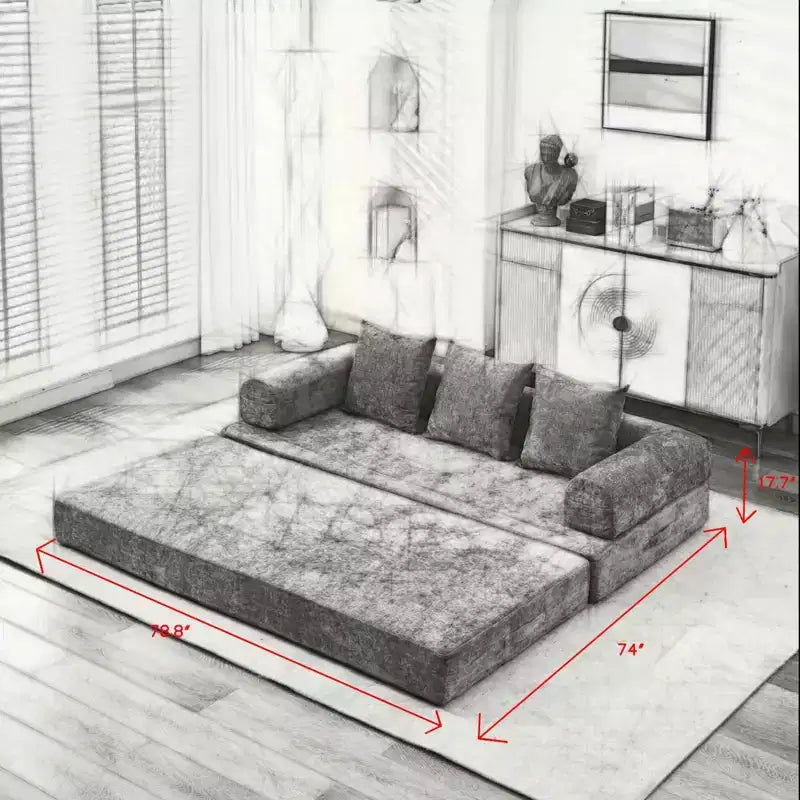 Chenille Lounge Floor Sofa Bed with Convertible Foldable Mattress,2-Seater Futon Couch Sleeper Sofa for Living Room,Bedroom