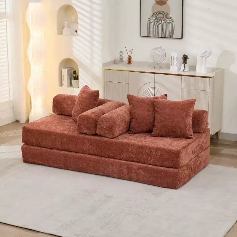 Chenille Lounge Floor Sofa Bed with Convertible Foldable Mattress,2-Seater Futon Couch Sleeper Sofa for Living Room,Bedroom