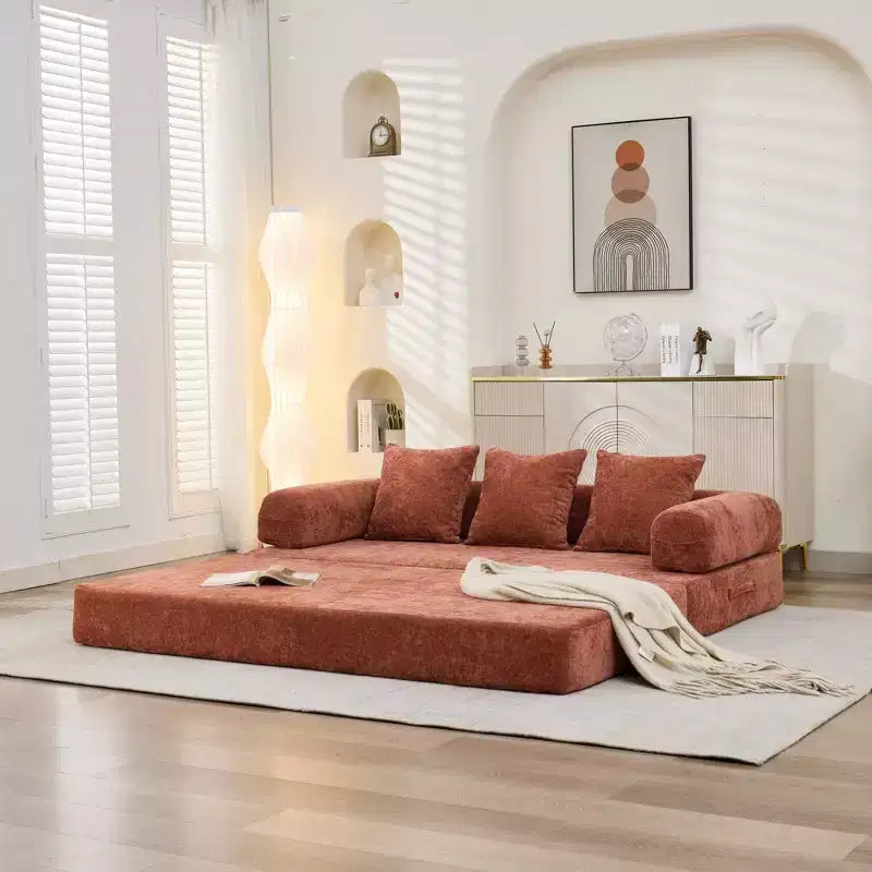Chenille Lounge Floor Sofa Bed with Convertible Foldable Mattress,2-Seater Futon Couch Sleeper Sofa for Living Room,Bedroom
