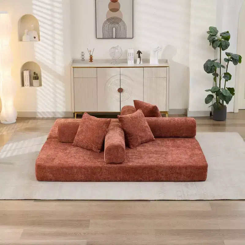 Chenille Lounge Floor Sofa Bed with Convertible Foldable Mattress,2-Seater Futon Couch Sleeper Sofa for Living Room,Bedroom