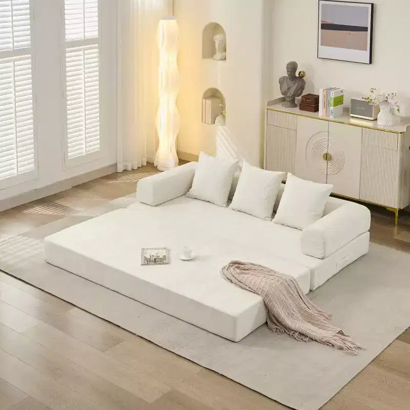 Chenille Lounge Floor Sofa Bed with Convertible Foldable Mattress,2-Seater Futon Couch Sleeper Sofa for Living Room,Bedroom