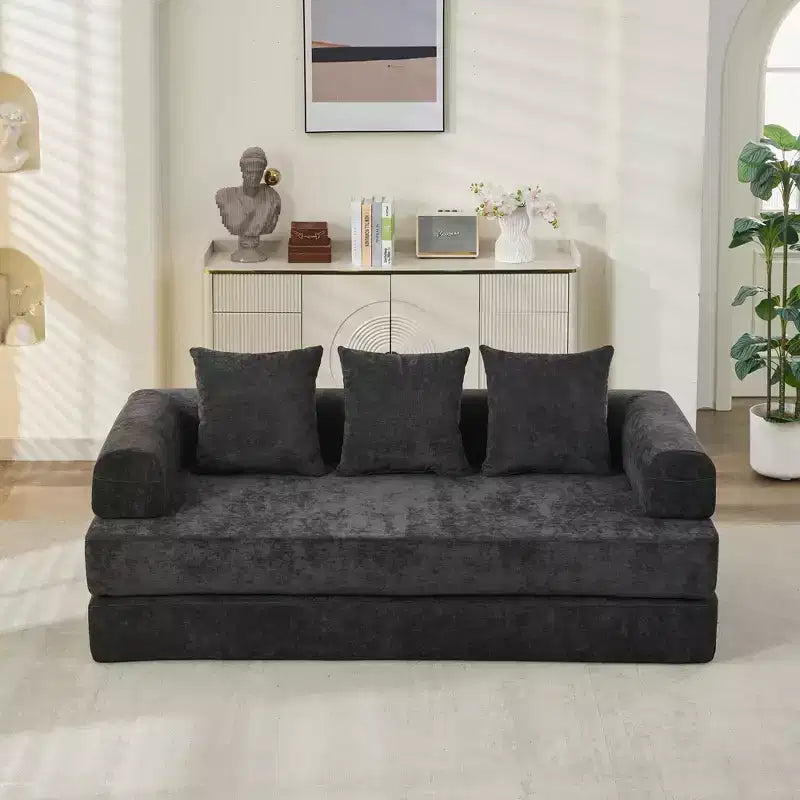 Chenille Lounge Floor Sofa Bed with Convertible Foldable Mattress,2-Seater Futon Couch Sleeper Sofa for Living Room,Bedroom