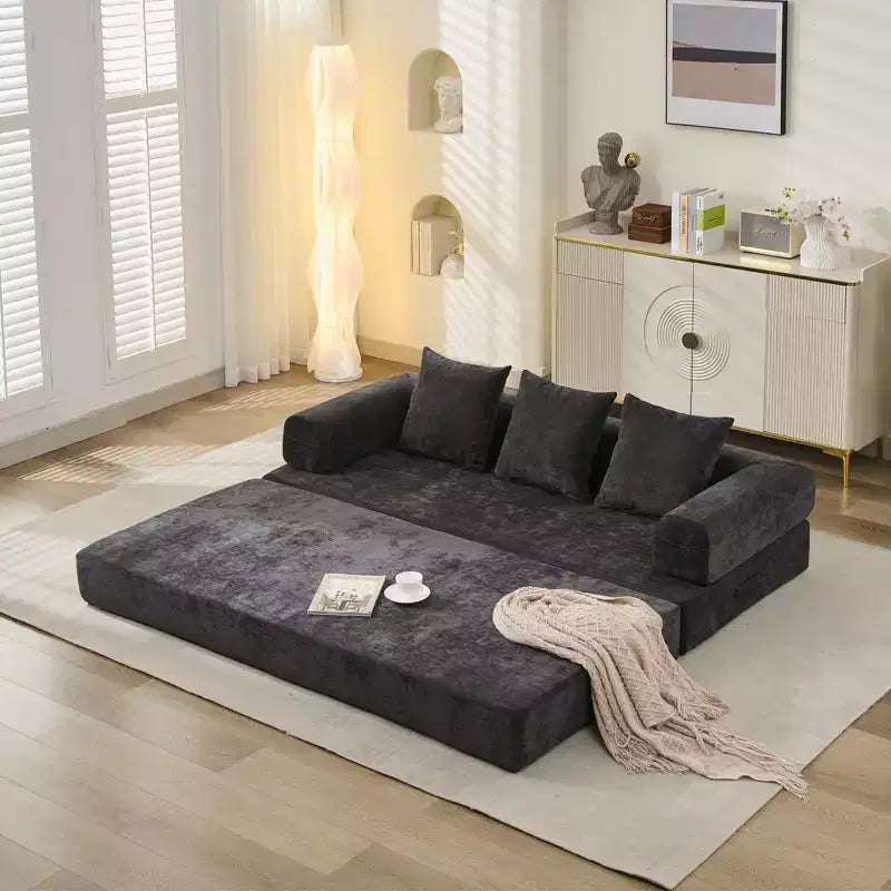 Chenille Lounge Floor Sofa Bed with Convertible Foldable Mattress,2-Seater Futon Couch Sleeper Sofa for Living Room,Bedroom