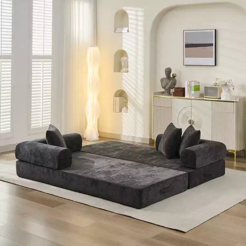 Chenille Lounge Floor Sofa Bed with Convertible Foldable Mattress,2-Seater Futon Couch Sleeper Sofa for Living Room,Bedroom