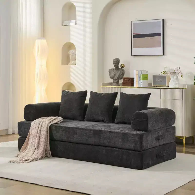 Chenille Lounge Floor Sofa Bed with Convertible Foldable Mattress,2-Seater Futon Couch Sleeper Sofa for Living Room,Bedroom