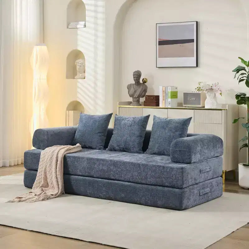 Chenille Lounge Floor Sofa Bed with Convertible Foldable Mattress,2-Seater Futon Couch Sleeper Sofa for Living Room,Bedroom