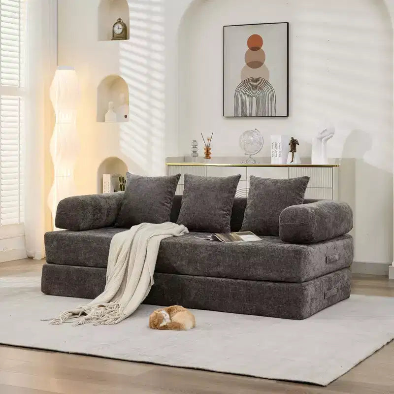 Chenille Lounge Floor Sofa Bed with Convertible Foldable Mattress,2-Seater Futon Couch Sleeper Sofa for Living Room,Bedroom