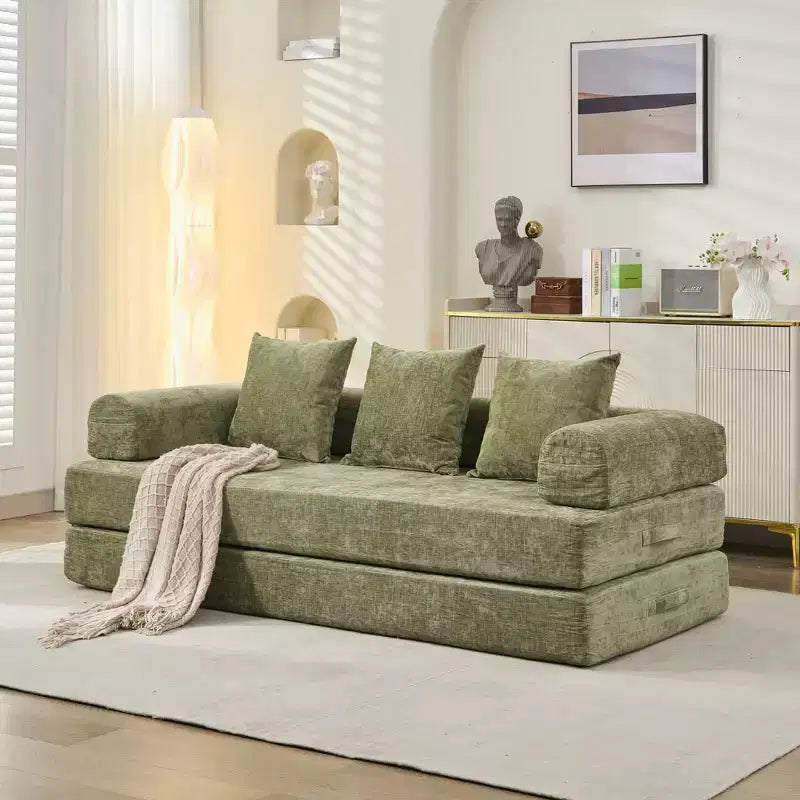 Chenille Lounge Floor Sofa Bed with Convertible Foldable Mattress,2-Seater Futon Couch Sleeper Sofa for Living Room,Bedroom