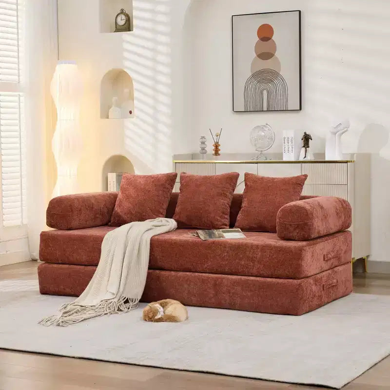 Chenille Lounge Floor Sofa Bed with Convertible Foldable Mattress,2-Seater Futon Couch Sleeper Sofa for Living Room,Bedroom