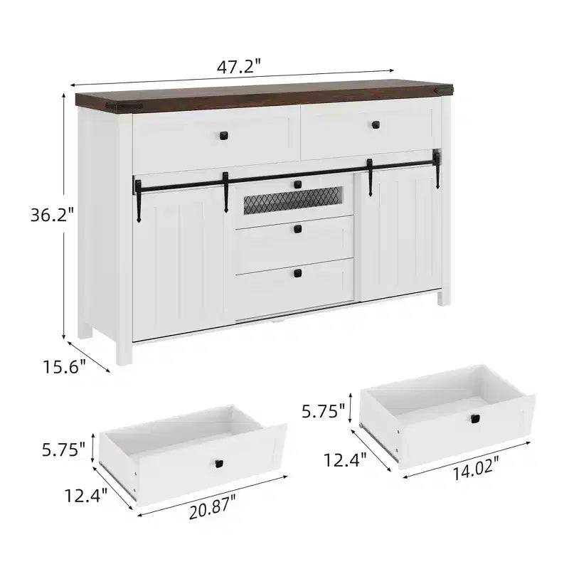 Buffet Cabinet, Sideboard Storage Cabinet with 5 Drawers and 2 Sliding Barn Doors, Wood Table with Adjustable Shelf, for Living Room, Dining Room