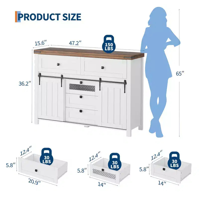 Buffet Cabinet, Sideboard Storage Cabinet with 5 Drawers and 2 Sliding Barn Doors, Wood Table with Adjustable Shelf, for Living Room, Dining Room