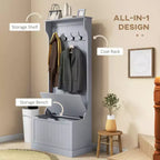 28IN Entryway Hall Tree with 4 Metal Hooks, Coat Tree with Shoe Storage and Top Door, Freestanding Coat Rack for Living Room, Entryway, Gray