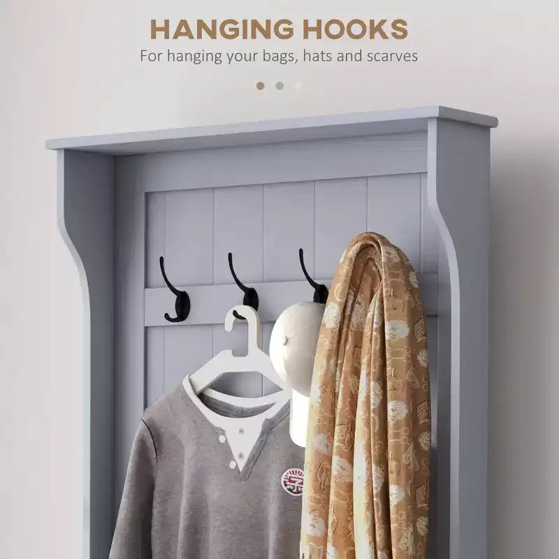 28IN Entryway Hall Tree with 4 Metal Hooks, Coat Tree with Shoe Storage and Top Door, Freestanding Coat Rack for Living Room, Entryway, Gray