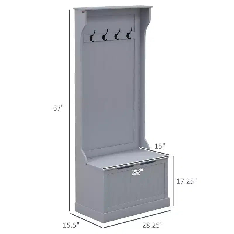 28IN Entryway Hall Tree with 4 Metal Hooks, Coat Tree with Shoe Storage and Top Door, Freestanding Coat Rack for Living Room, Entryway, Gray