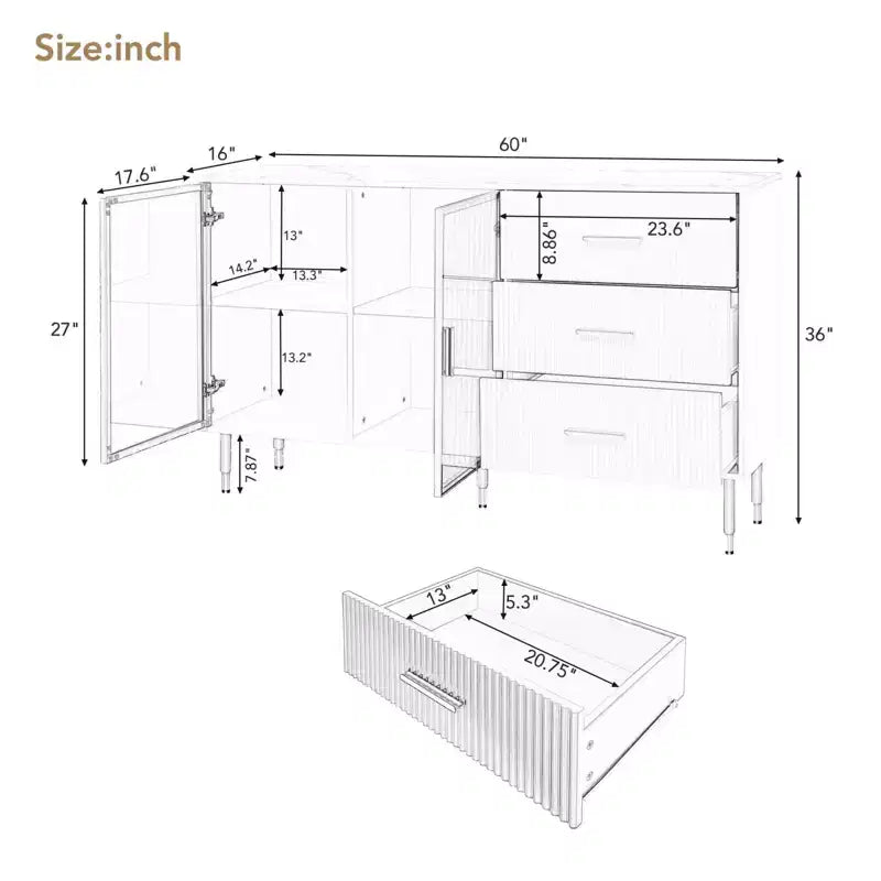 60 Buffet Cabinet With 3 Drawers, 2 Doors, Adjustable Shelf 36in Height Sideboard Buffet , Console Table For Living Room, Hallway, Dining Room