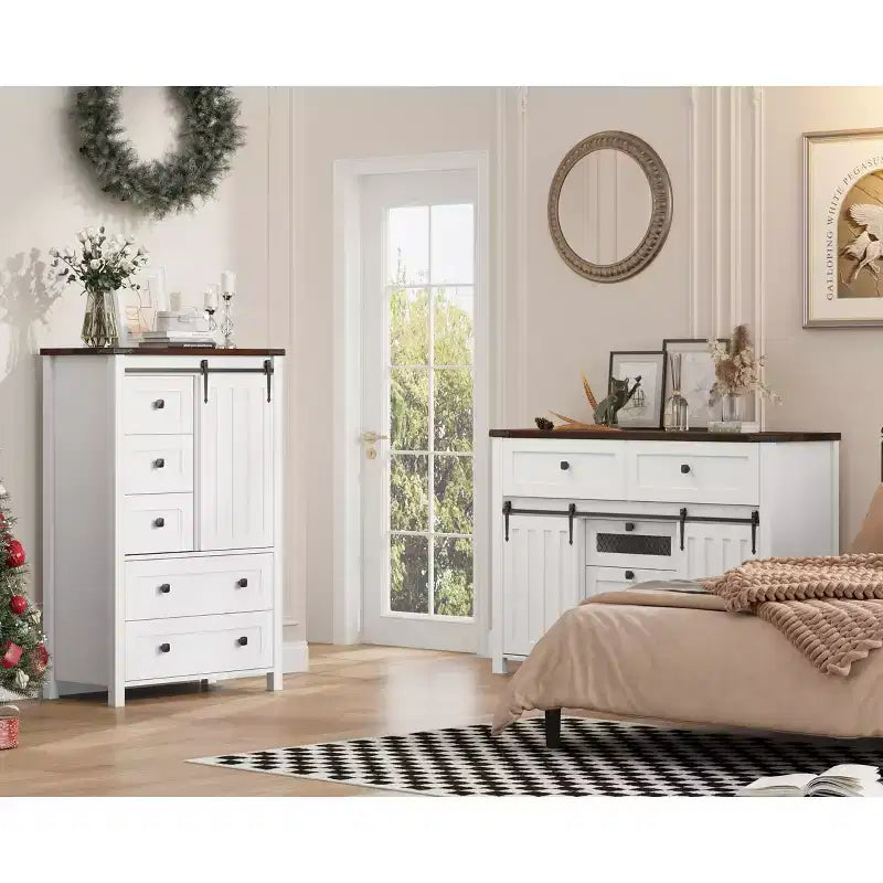 Farmhouse 5-Drawer Dresser with Sliding Barn Door, 48 Tall Wood Chest of Drawers with Adjustable Shelf for Bedroom, Entryway, Living Room White