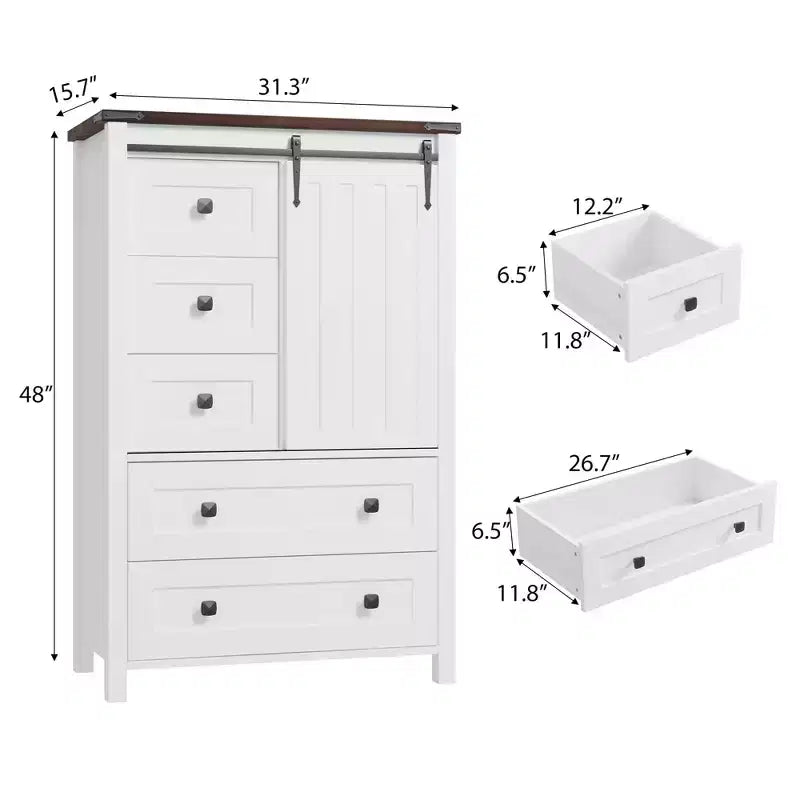 Farmhouse 5-Drawer Dresser with Sliding Barn Door, 48 Tall Wood Chest of Drawers with Adjustable Shelf for Bedroom, Entryway, Living Room White