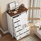 Farmhouse 5-Drawer Dresser with Sliding Barn Door, 48 Tall Wood Chest of Drawers with Adjustable Shelf for Bedroom, Entryway, Living Room White