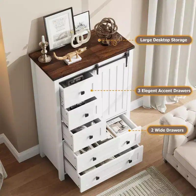 Farmhouse 5-Drawer Dresser with Sliding Barn Door, 48 Tall Wood Chest of Drawers with Adjustable Shelf for Bedroom, Entryway, Living Room White