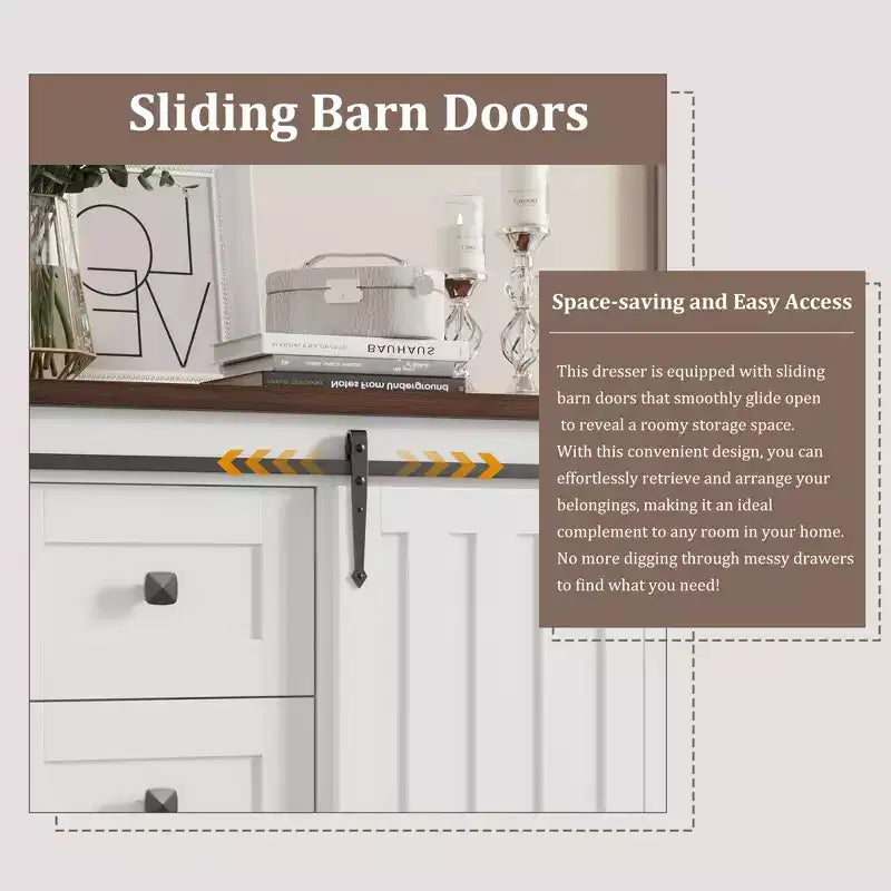 Farmhouse 5-Drawer Dresser with Sliding Barn Door, 48 Tall Wood Chest of Drawers with Adjustable Shelf for Bedroom, Entryway, Living Room White